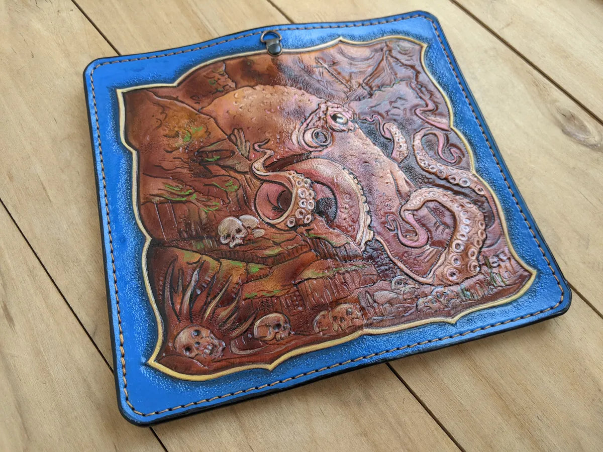 Kraken ocean creature artwork embossed on leather biker wallet