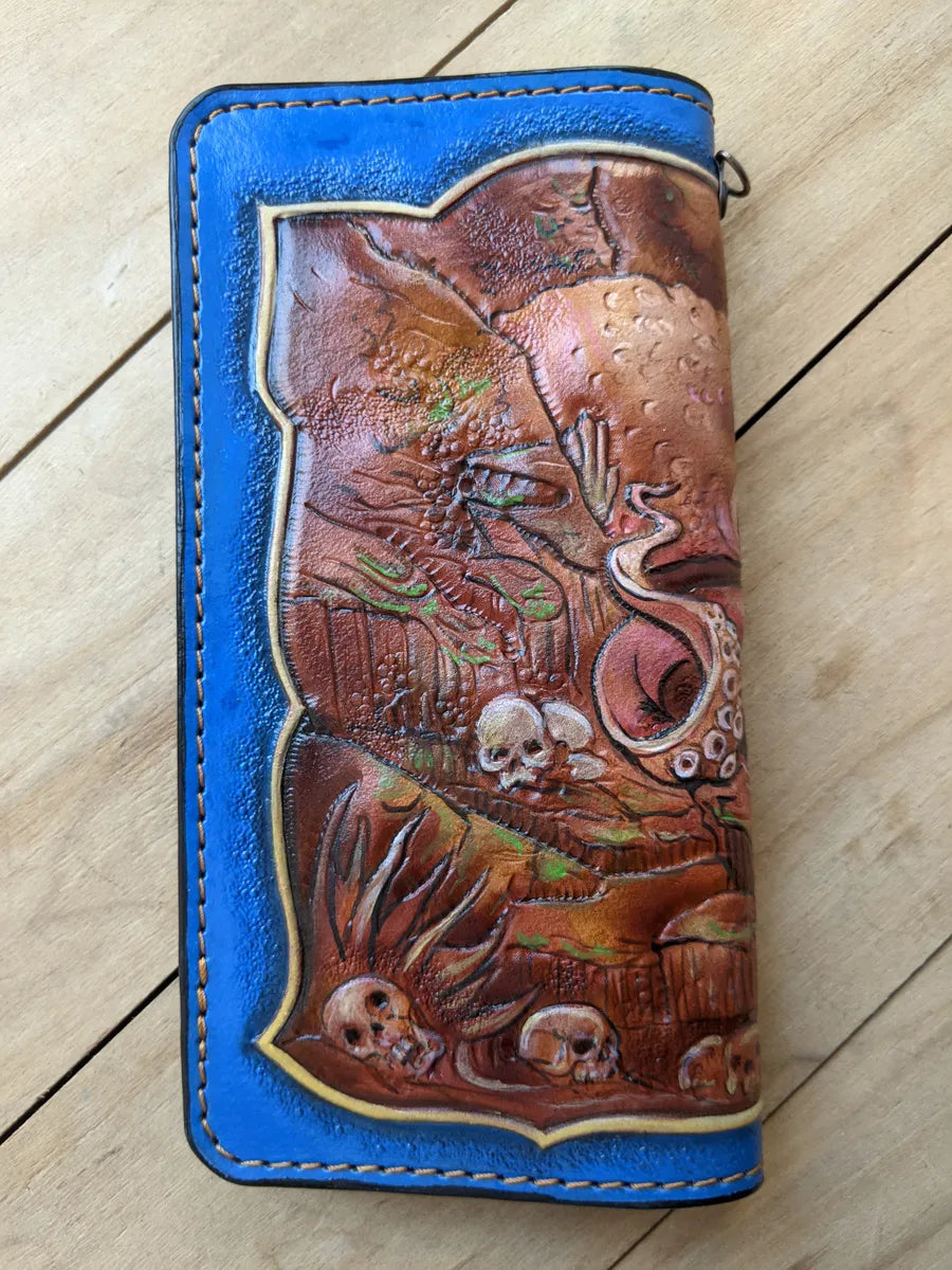 Handmade leather long biker wallet featuring ocean kraken and tentacle design