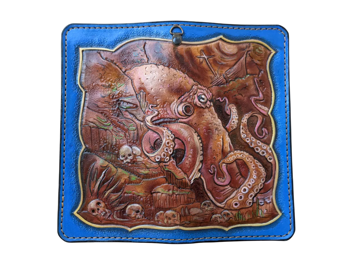 Leather long biker wallet with octopus tentacles and sea monster design – Theodoros