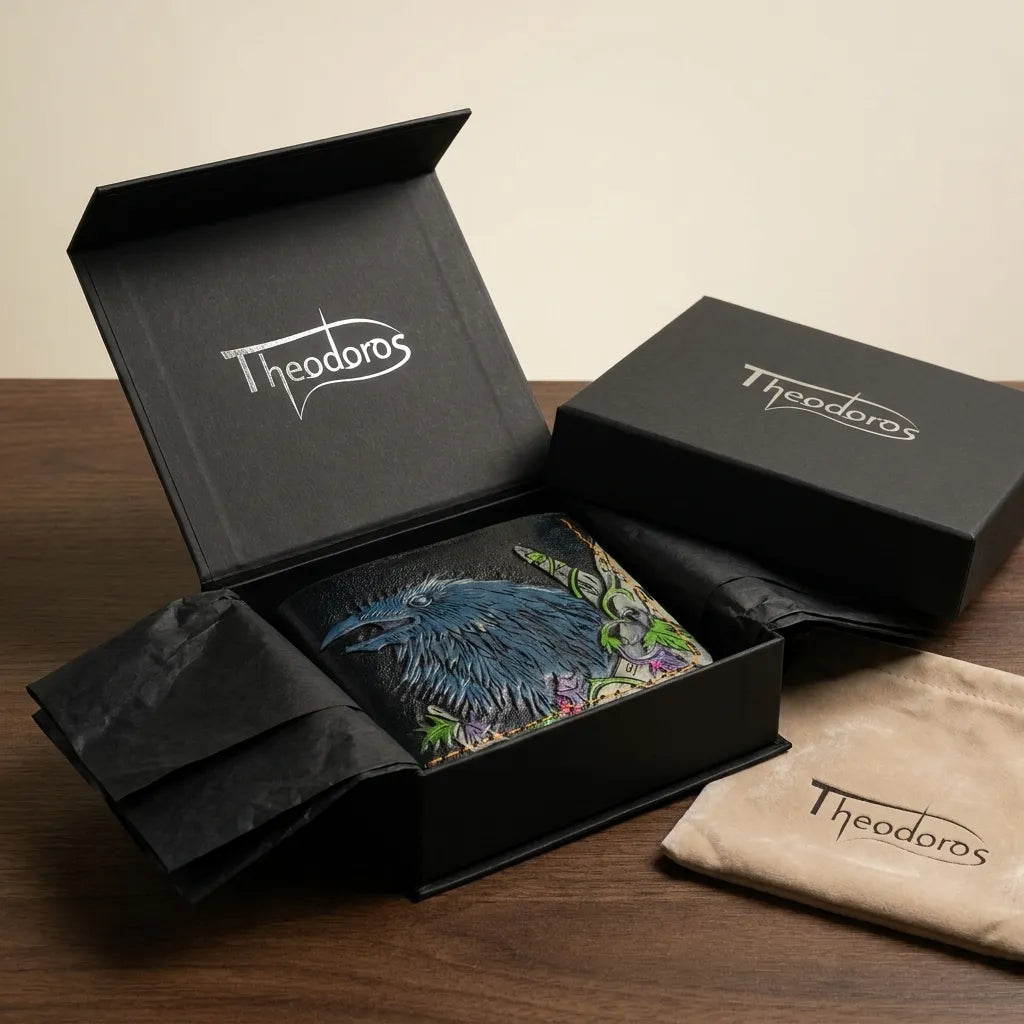 Hand-tooled Norse raven leather bifold wallet nestled in a premium Theodoros Leather gift box with a luxury suede dust bag.