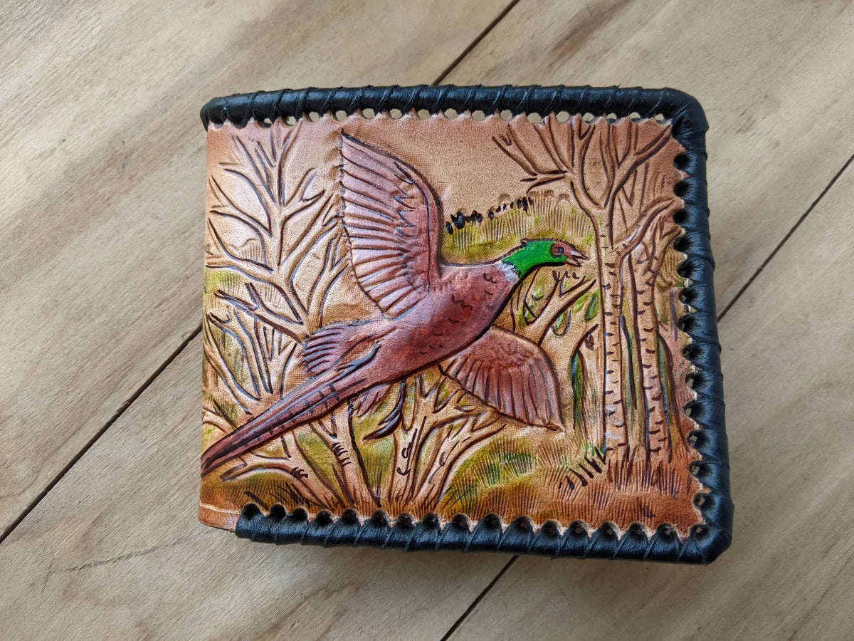 mens pheasant hunting leather wallet handcrafted bifold design