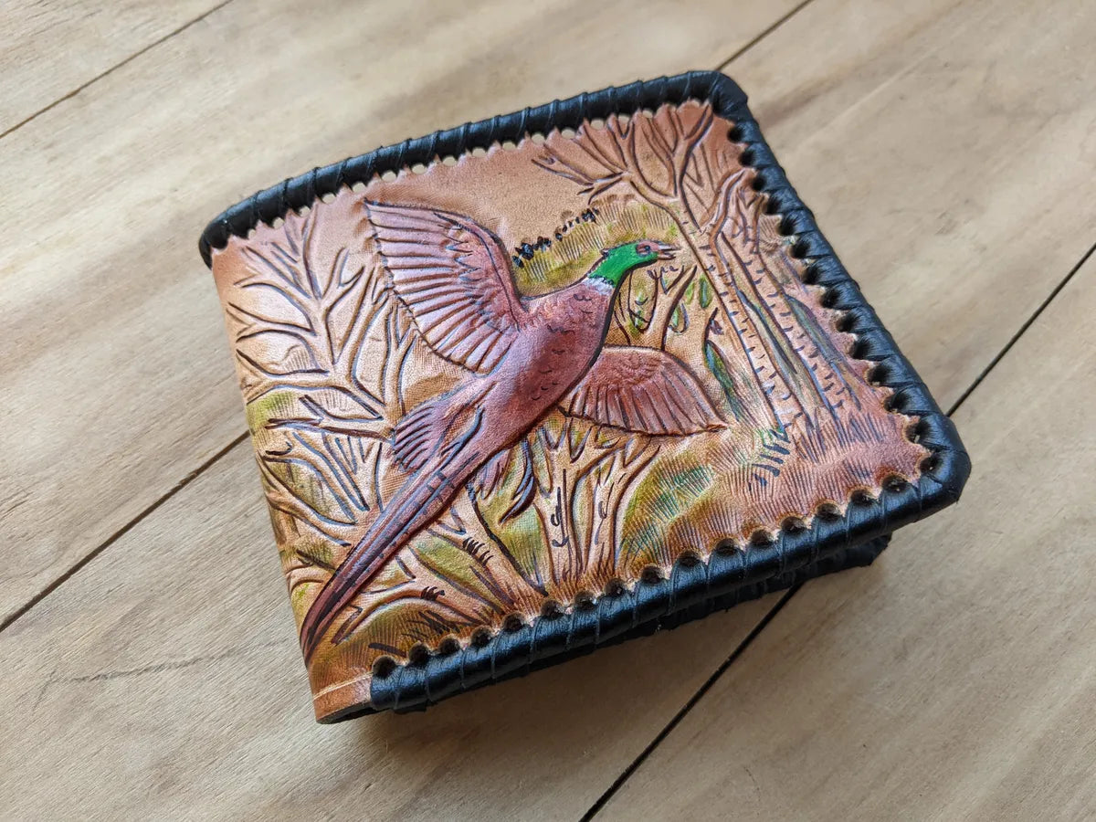 engraved hunting shooting scene leather bifold wallet brown