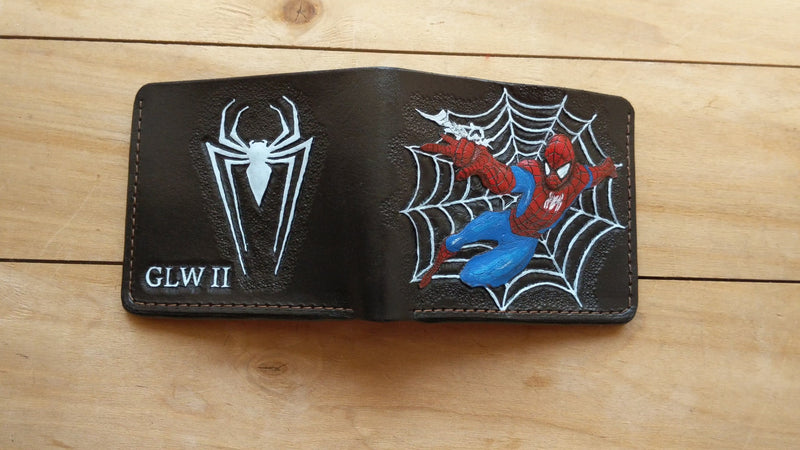 Handmade Spider-Man leather bifold wallet with hand-carved superhero mask, unique luxury gift for Marvel comic fans.
