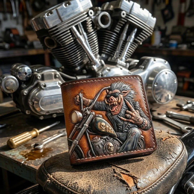 Punk-style boar biker hand-tooled leather wallet with vintage chopper motif and hand-carved skull accents.