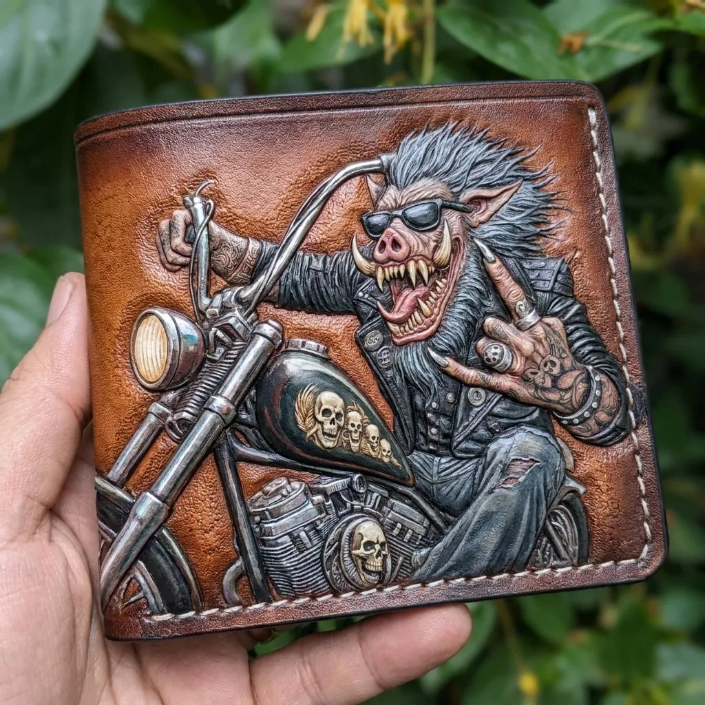 Close-up of a 3D hand-carved leather wallet showing a biker boar on a motorcycle, highlighting the fine detail.