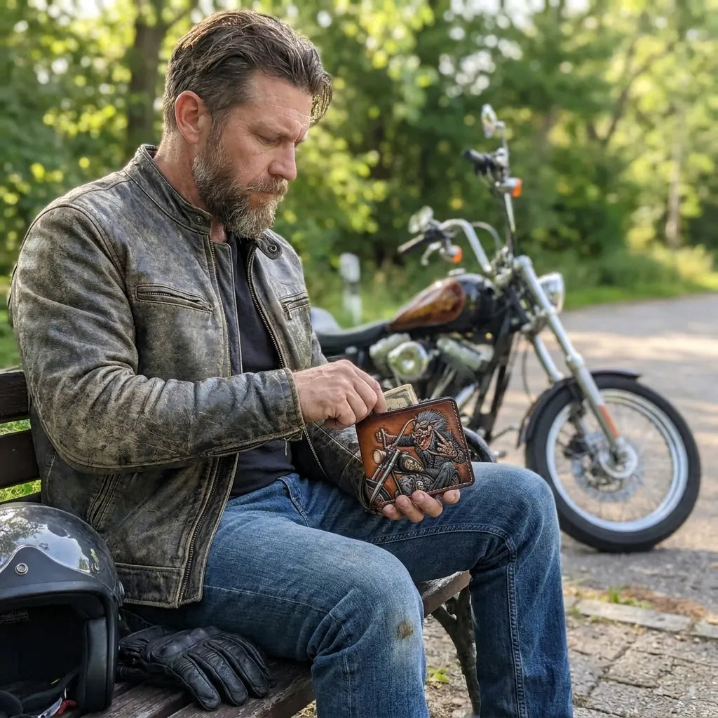 Biker in a leather jacket sitting on a park, opening a Theodoros custom hand-tooled "Road Hog" leather wallet with a motorcycle.