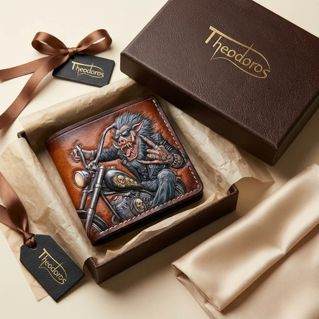 Premium unboxing of a hand-carved boar biker leather wallet, presented in a Theodoros luxury gift box.