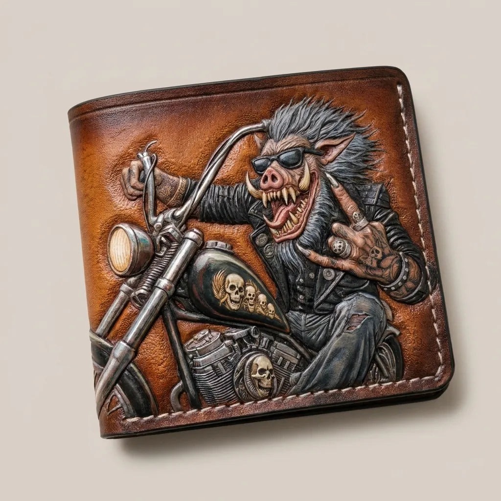 Hand-tooled leather bifold wallet featuring a custom-carved punk rock boar biker on a chopper with skull-themed engine details.