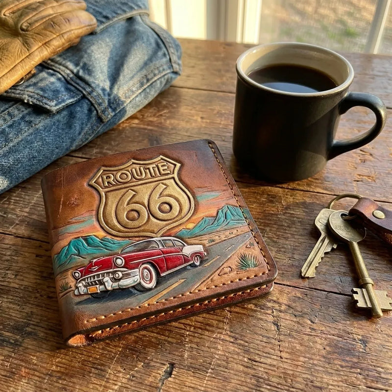 Handmade bifold leather wallet with vintage Chevy Bel Air design