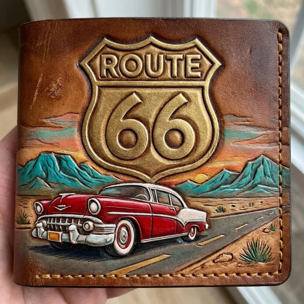 Hand painted Route 66 biker leather wallet rustic American style