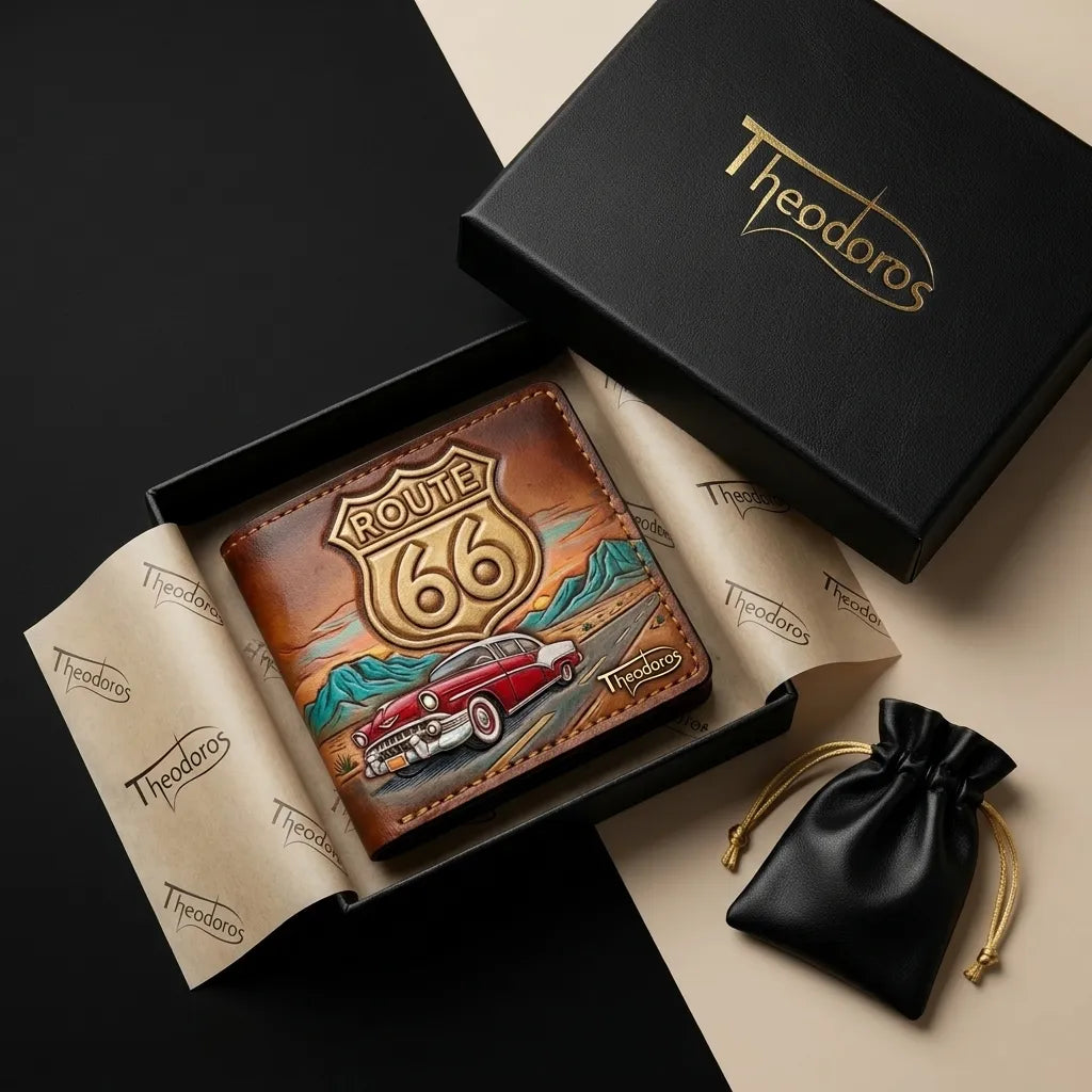Handmade leather wallet gift for men Route 66 Chevy Bel Air design
