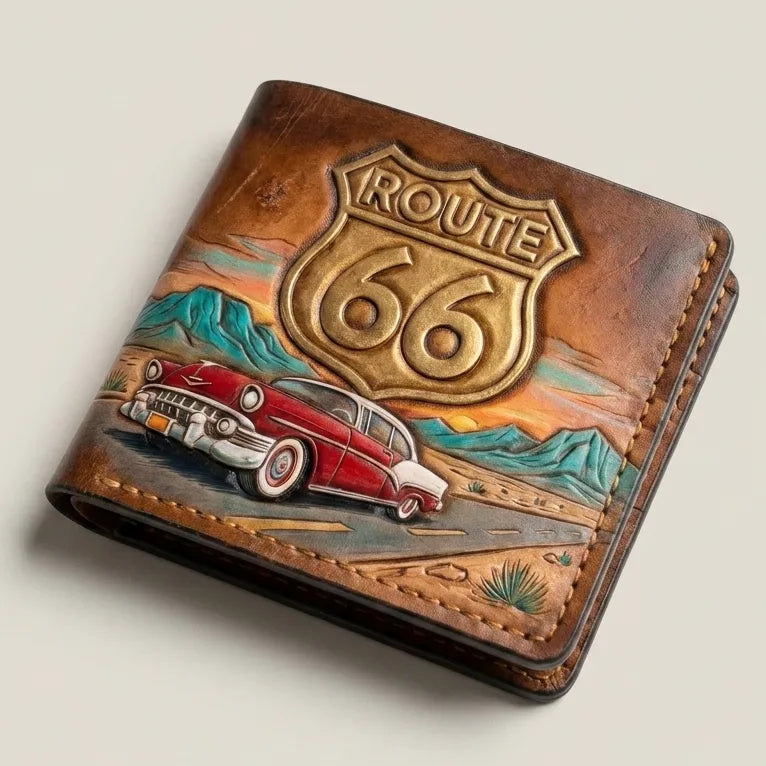 Route 66 1957 Chevy Bel Air hand tooled leather wallet front view