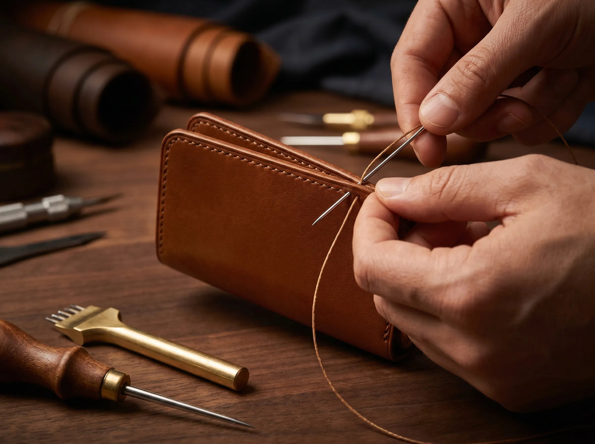 Master craftsman hand-stitching brown leather bifold wallet using a needle and waxed thread for superior durability.