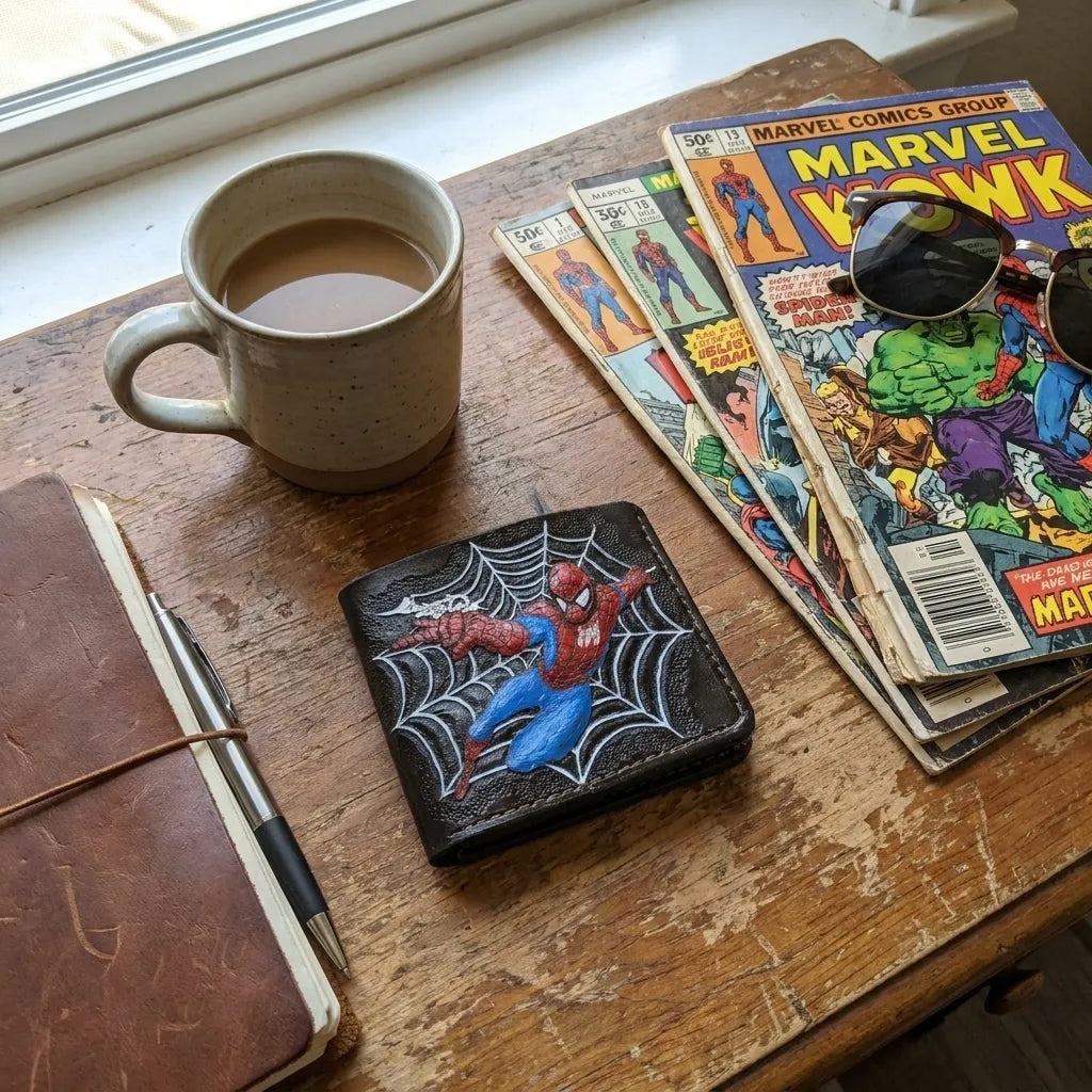 Cozy aesthetic flat lay of a handmade leather Spider-Man wallet on a rustic wooden desk next to vintage Marvel comic books.