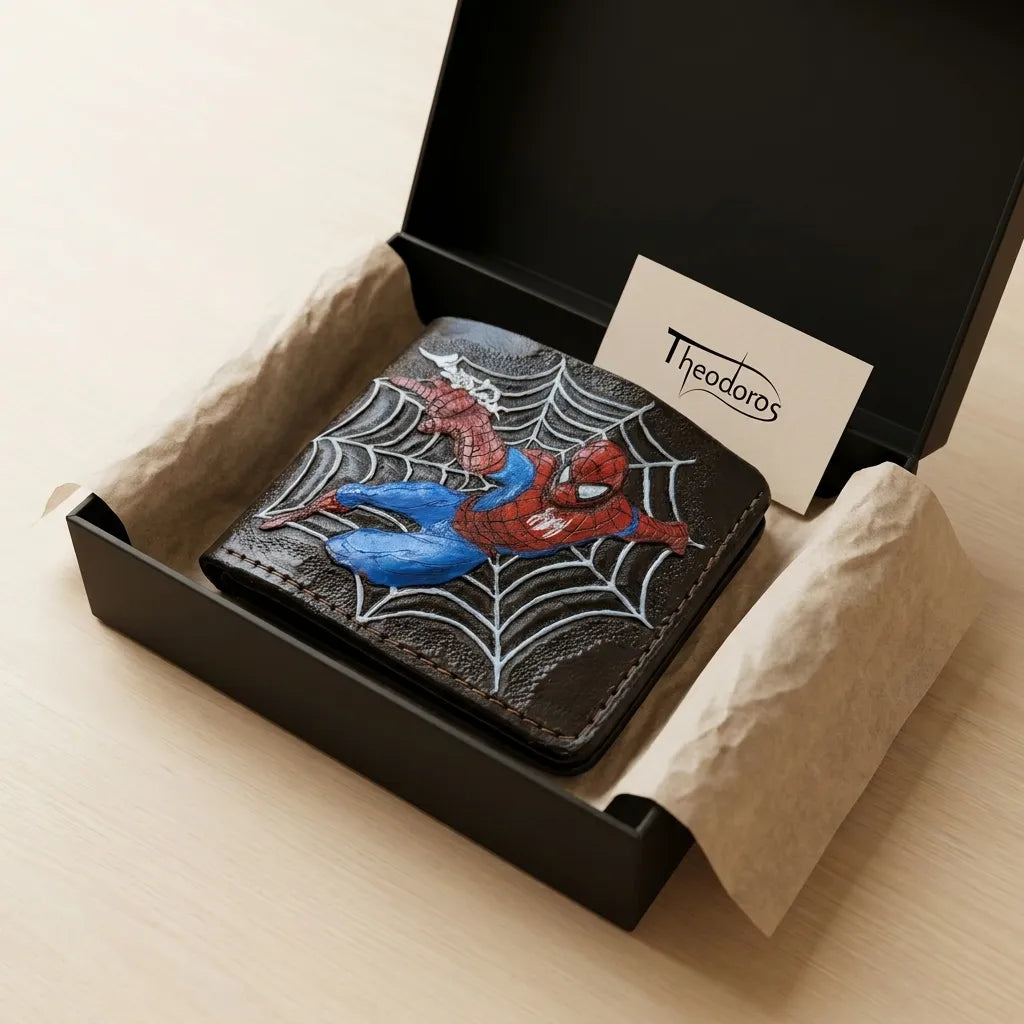 Spider-Man leather wallet inside a luxury Theodoros Leather box, premium handmade Father’s Day gift for dad.