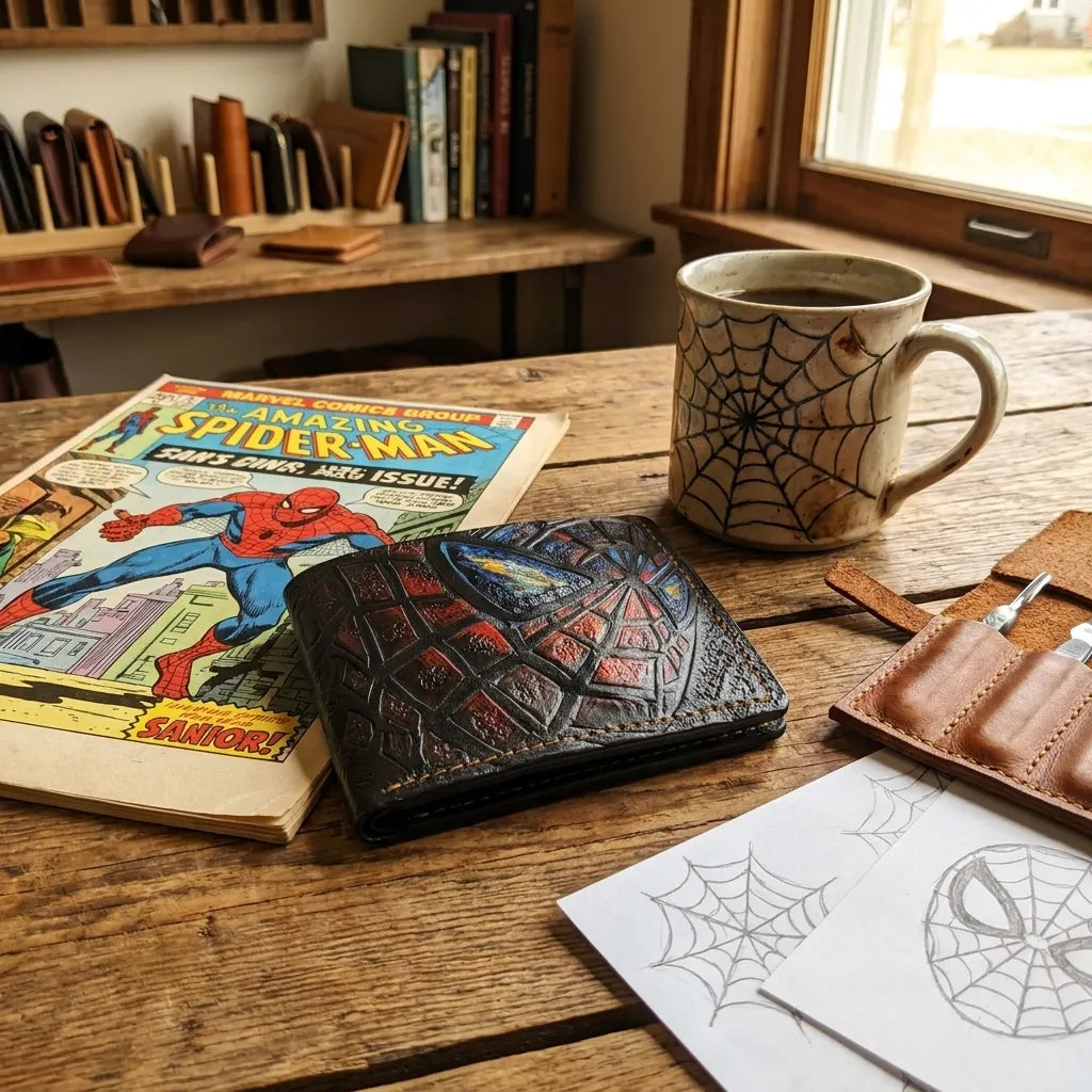 Spider-Man full-grain leather bifold wallet by Theodoros Leather displayed on a superhero-themed artisan workspace.
