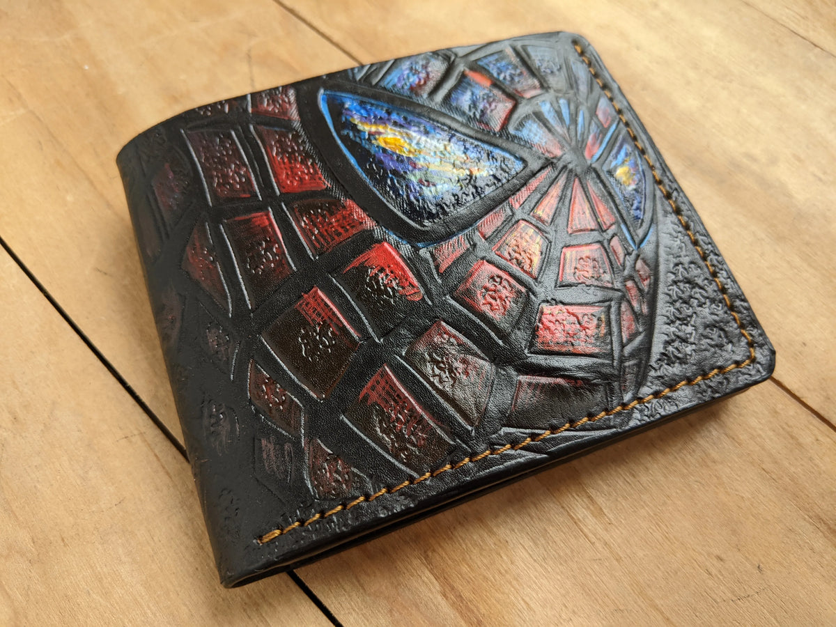 Spider-Man full grain leather wallet: Theodoros Leather hand-tooled collectible bifold with vibrant hand-painted hues.
