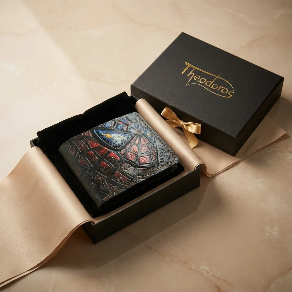 Spider-Man full-grain leather wallet by Theodoros Leather presented in a branded black gift box with ribbon.
