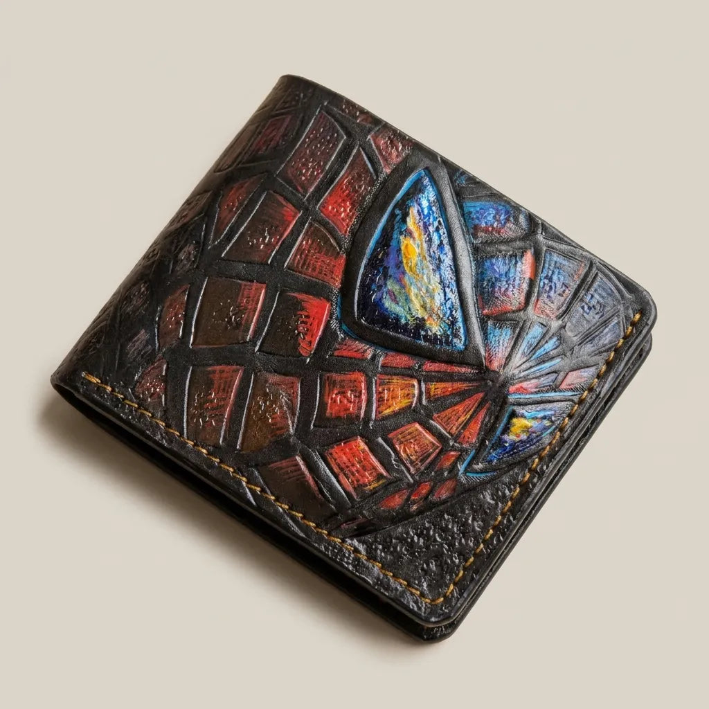 Handmade Spider-Man full-grain leather bifold wallet by Theodoros Leather featuring hand-tooled and hand-painted superhero artwork.