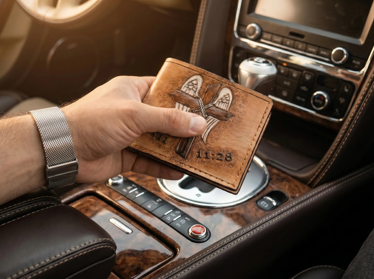 Custom handmade full grain leather wallets for men, hand-tooled & painted designs. Personalized gifts by Theodoros Leather.