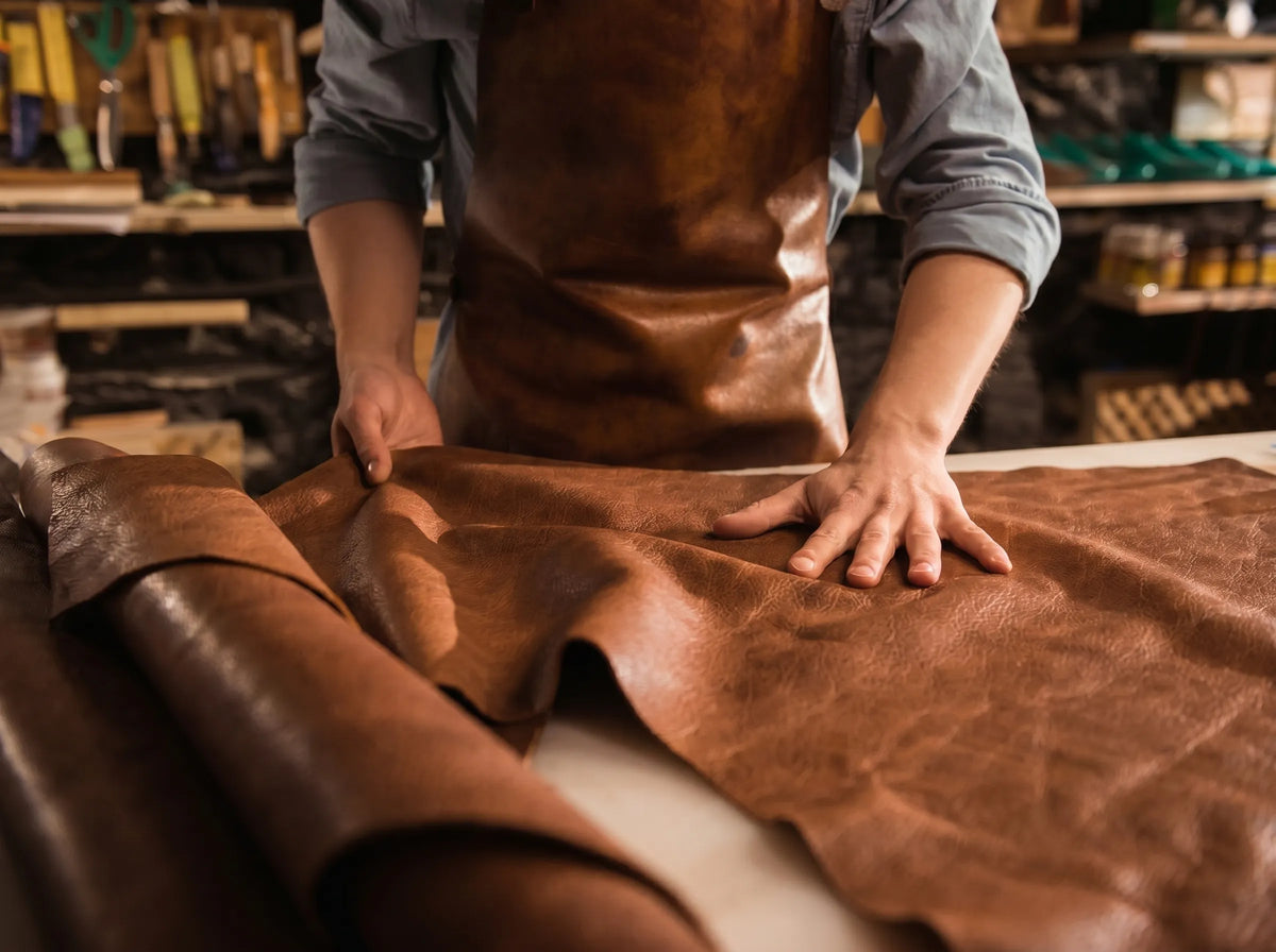 A master leather craftsman at Theodoros carefully inspecting a large roll of premium full-grain leather on a workshop table.