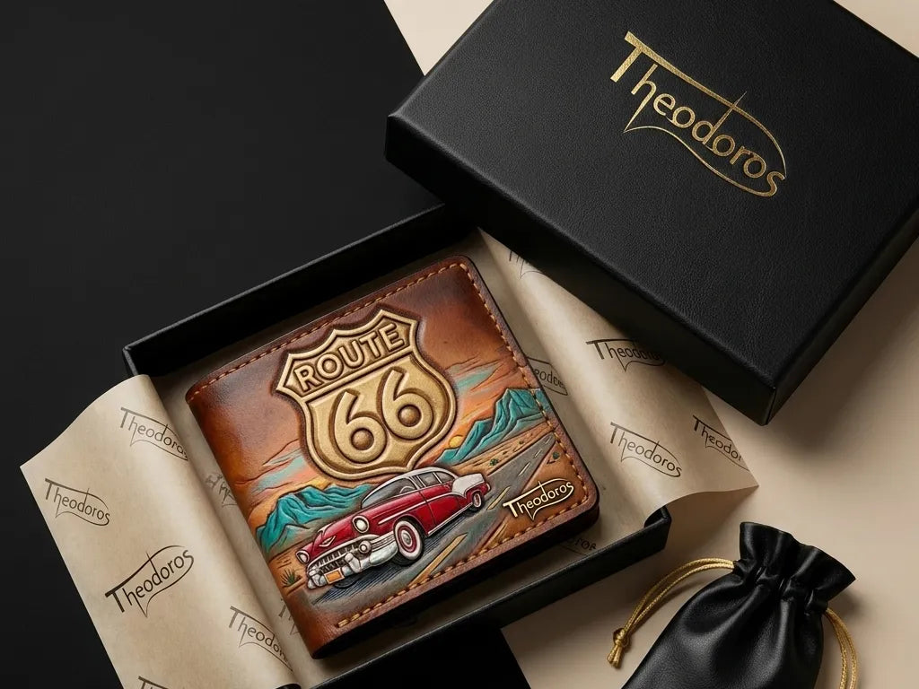 Theodoros custom hand-tooled leather wallet featuring a Route 66 classic car design, presented in premium branded packaging.