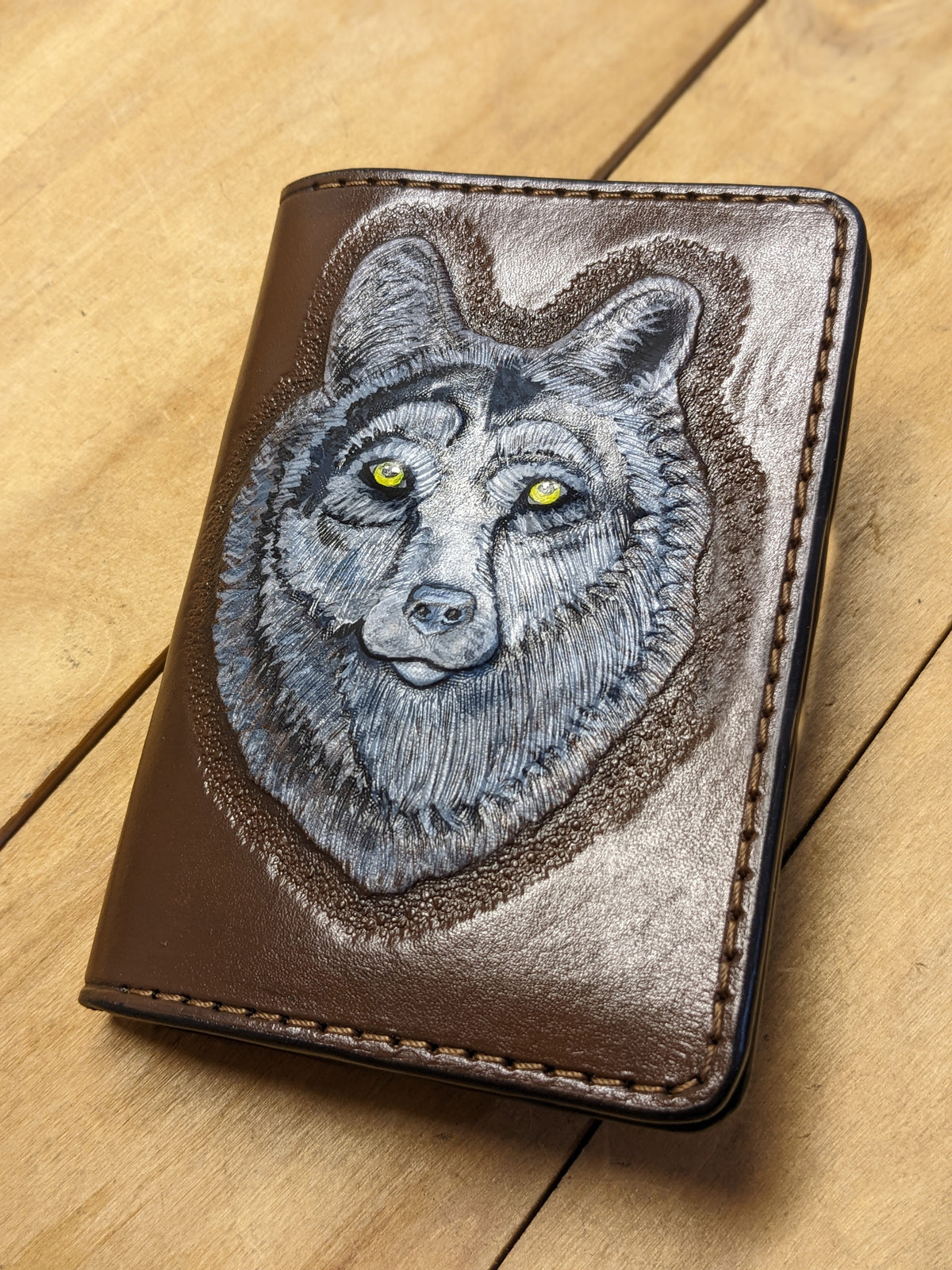 U1A1 Gray Wolf Embossed Leather Travel Passport Wallet - Theodoros