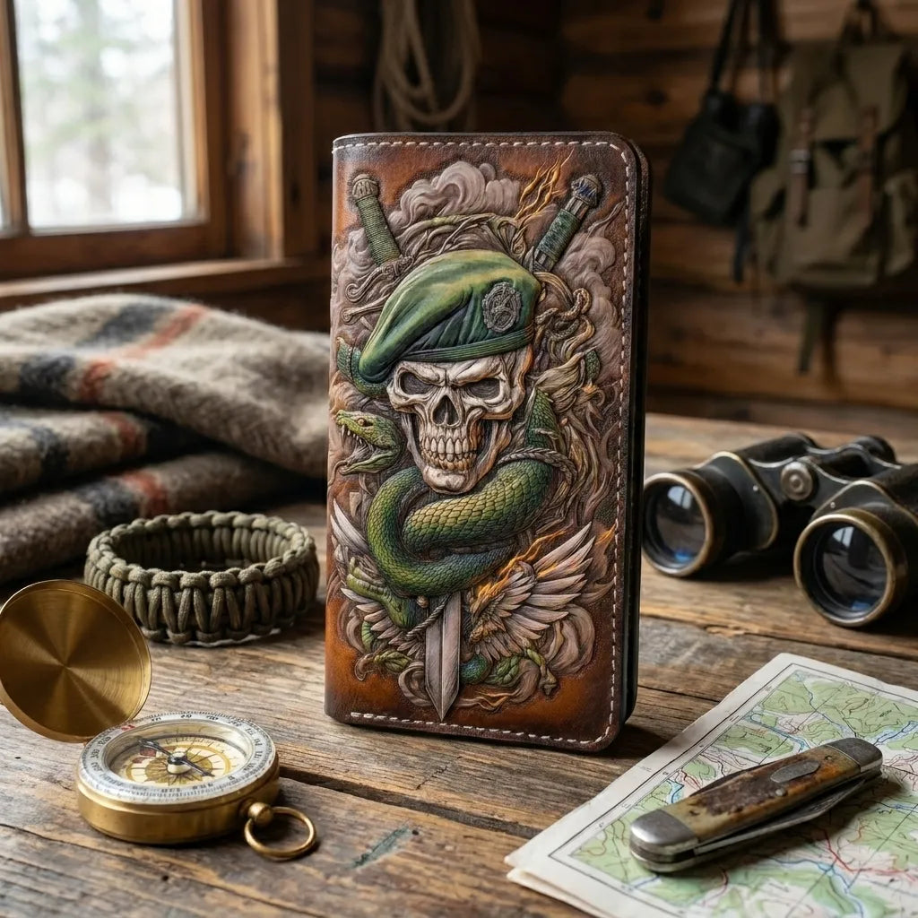 Military skull leather wallet on a rustic wood table with a brass compass, map, pocket knife, and binoculars.
