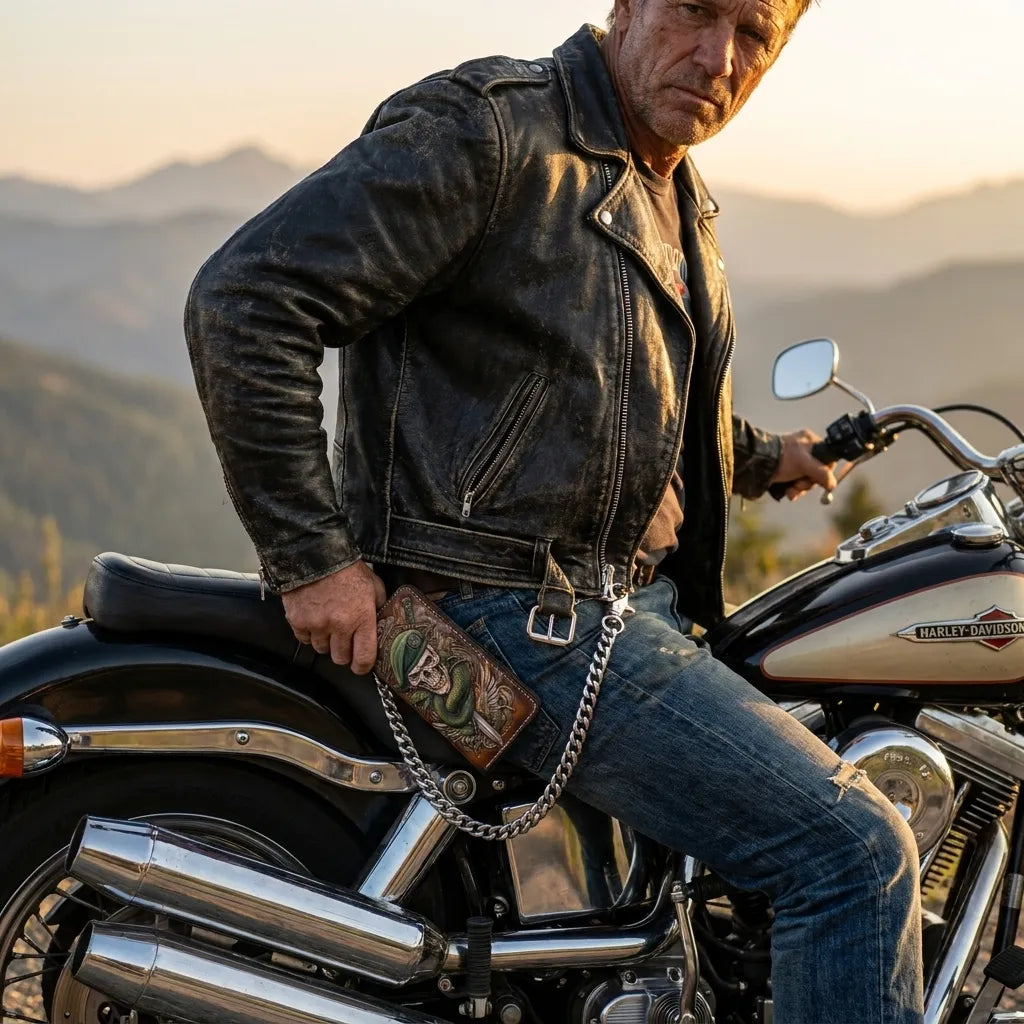 A biker in a black leather jacket sitting on a motorcycle, sliding a Green Beret leather chain wallet into his back pocket.