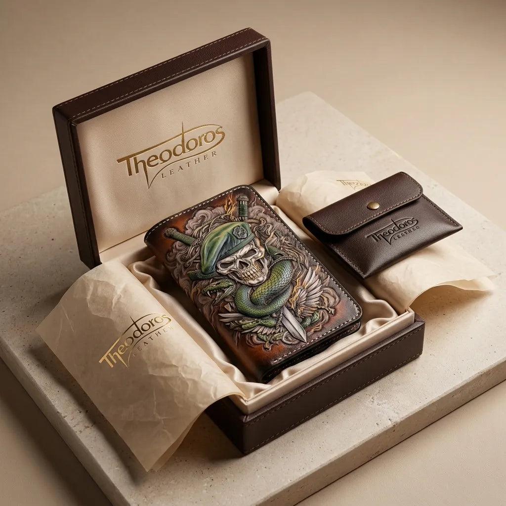 Hand-tooled Green Beret leather wallet displayed in a premium Theodoros Leather luxury gift box with an included pouch.