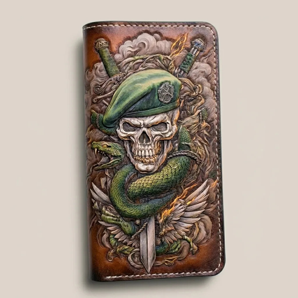 Hand-tooled leather wallet with a detailed military skull wearing a Green Beret, a green snake, and crossed daggers.
