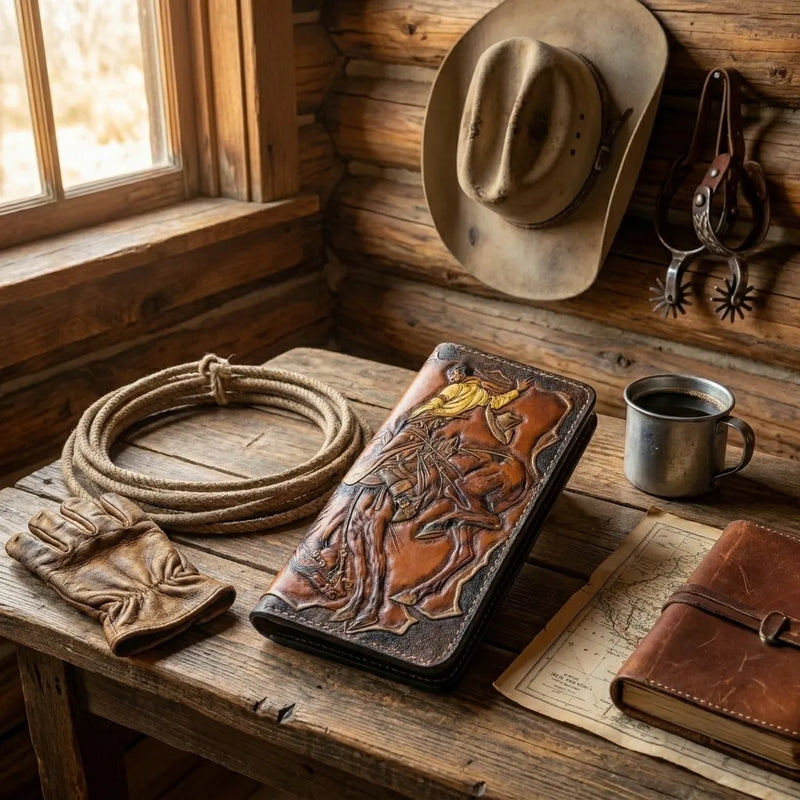 Carved Western leather wallet on a rustic cabin table with a lasso, cowboy hat, spurs, and a tin coffee mug.