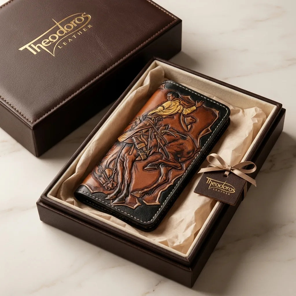 Hand-tooled Western leather wallet inside a premium Theodoros Leather luxury gift box with a gold foil logo.