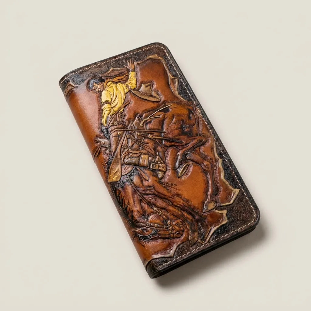 Hand-tooled leather biker wallet featuring a carved Western rodeo cowboy riding a bucking bronco on a cream background.