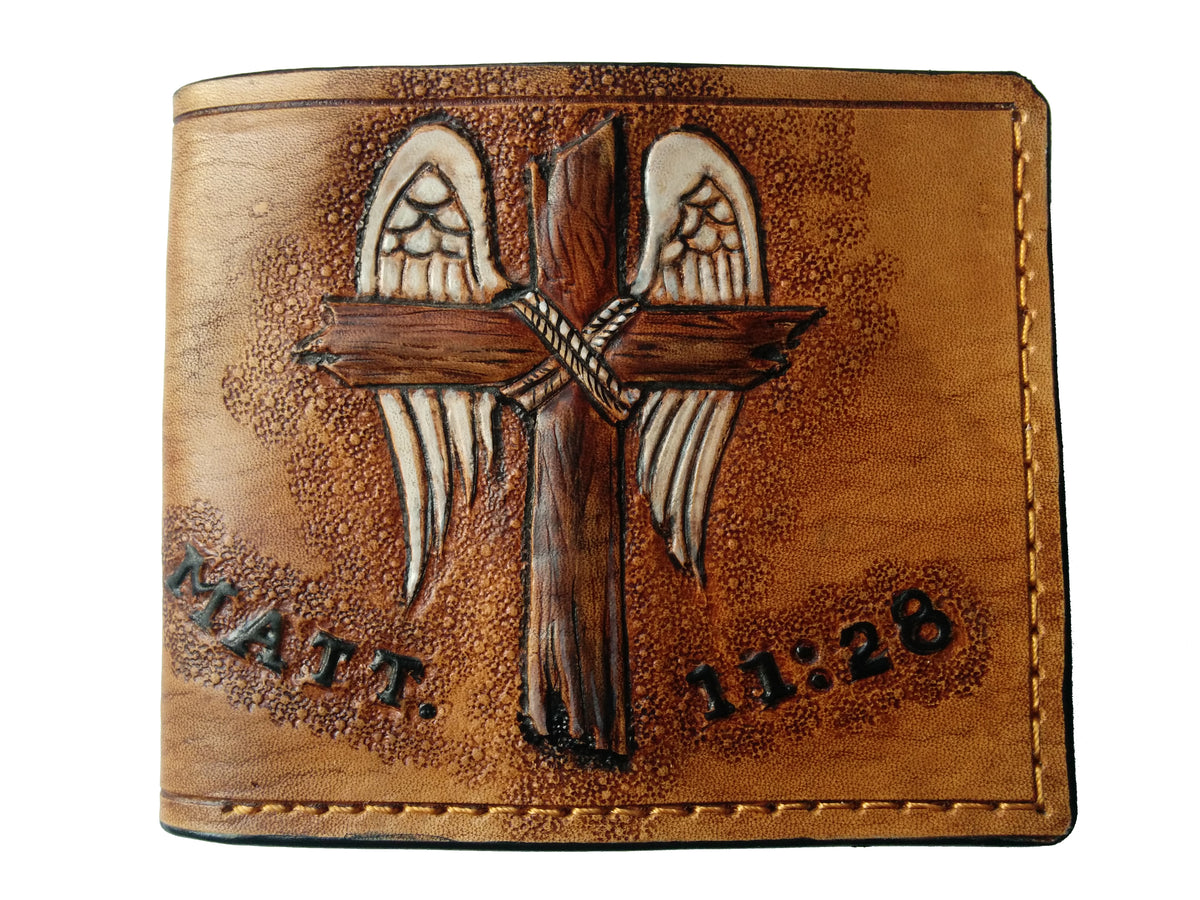 M1G2, Matthew 11:28, Wooden Christian Cross Leather Wallet