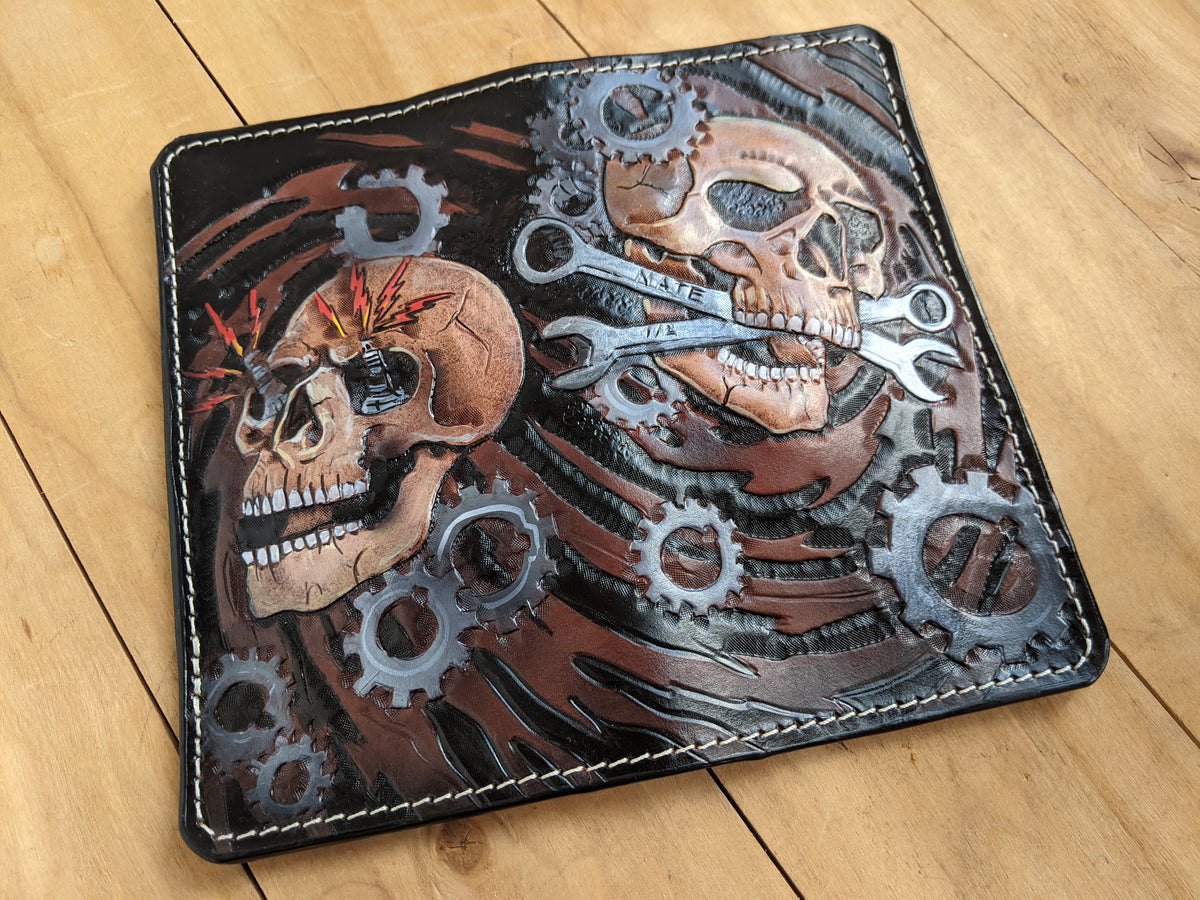 M2D5, Spark Plug Gearhead Design Skull & Wrench Biker Wallet
