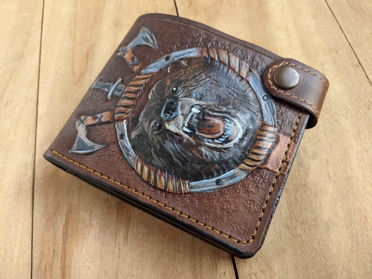 M1A20, Grizzly Bear Viking Axe & Sword Bifold Leather Wallet