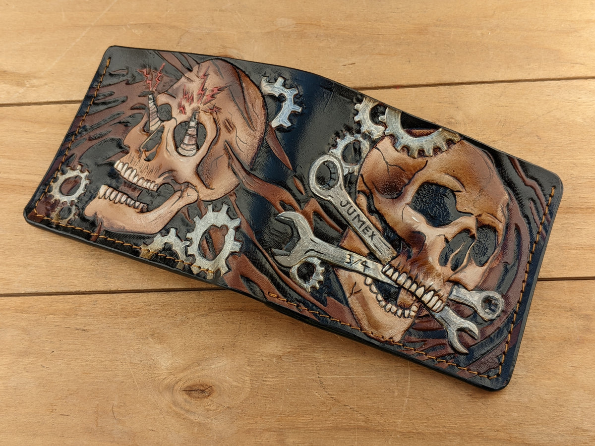 M1D1, Steampunk Skull Leather Wallet | Handmade Biker Gift