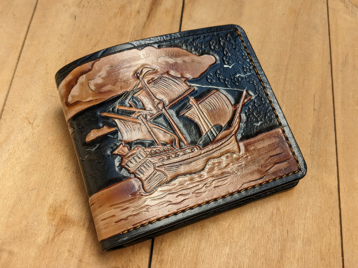 M1H1, Brig Sailing Pirate Ship & Lighthouse Leather Wallet