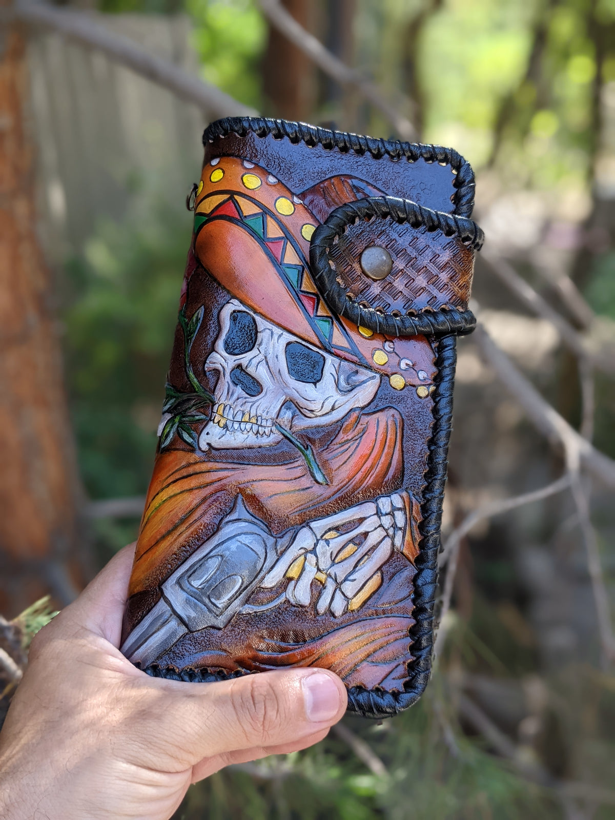 M2S9, Mexican Sugar Skull Sombrero Long Biker Clutch Wallet