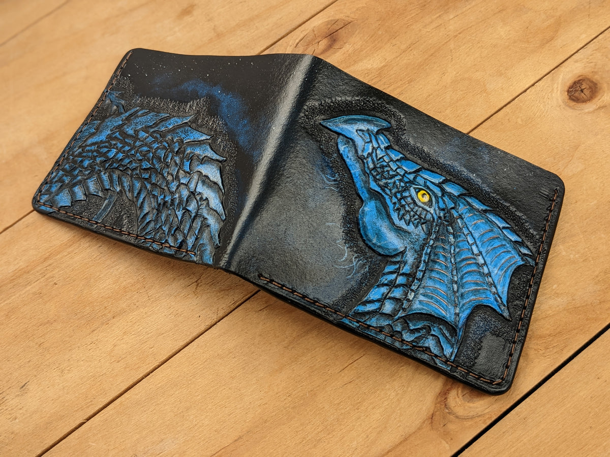 M1B5, Blue Flying Ice Dragon Embossed Bifold Leather Wallet